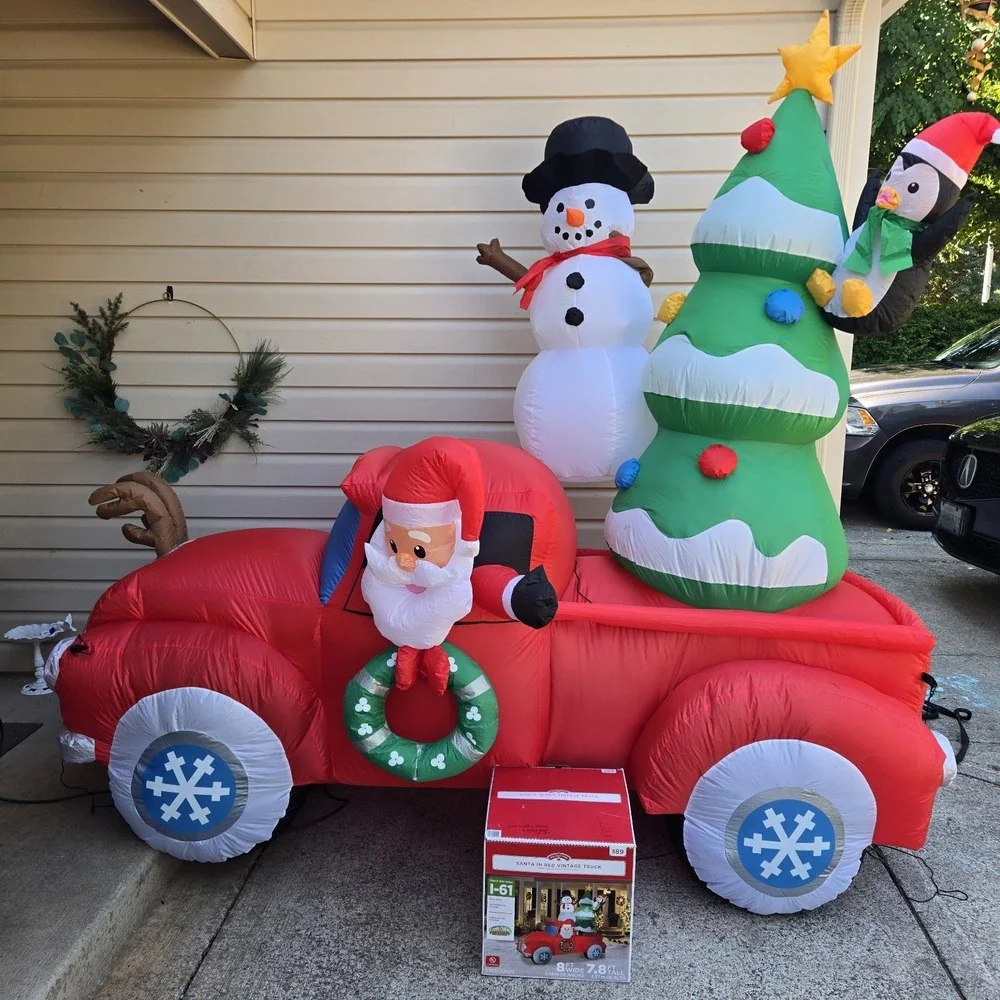 Gemmy Christmas 8 ft Tall Santa in Red Vintage Truck w/Tree Airblown Inflatable